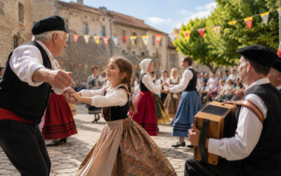 Danse traditionnelle intergénérationnelle sur une place de village lors d'une fête culturelle, avec musiciens, costumes folkloriques et public réuni autour des participants