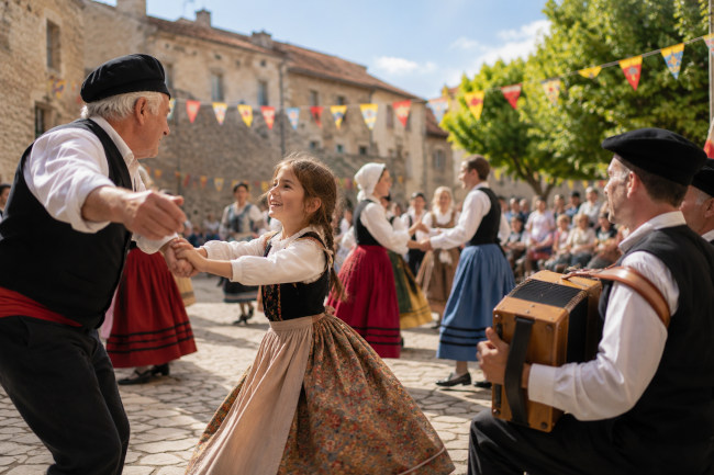 Danse traditionnelle intergénérationnelle sur une place de village lors d'une fête culturelle, avec musiciens, costumes folkloriques et public réuni autour des participants
