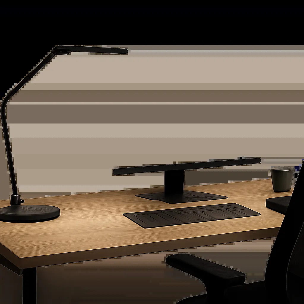 Un bureau moderne équipé d’une lampe orientable qui éclaire précisément la zone de travail. L’image met en avant un espace sobre, fonctionnel et adapté au travail sur écran.